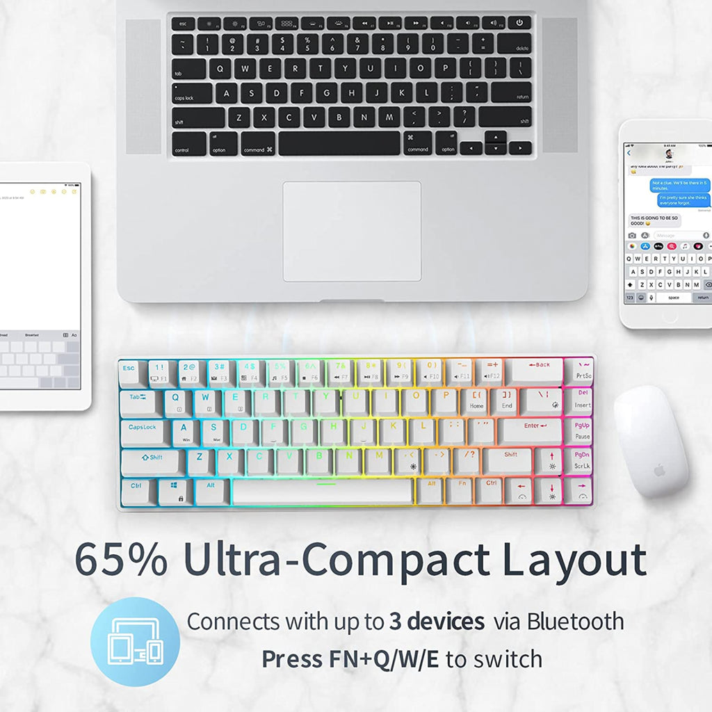 RK ROYAL KLUDGE RK68 | RK837 65% Triple Mode Wireless Bluetooth5.1/2.4G/Wired, Hot Swappable Mechanical Gaming Keyboard, 68 Keys RGB - White