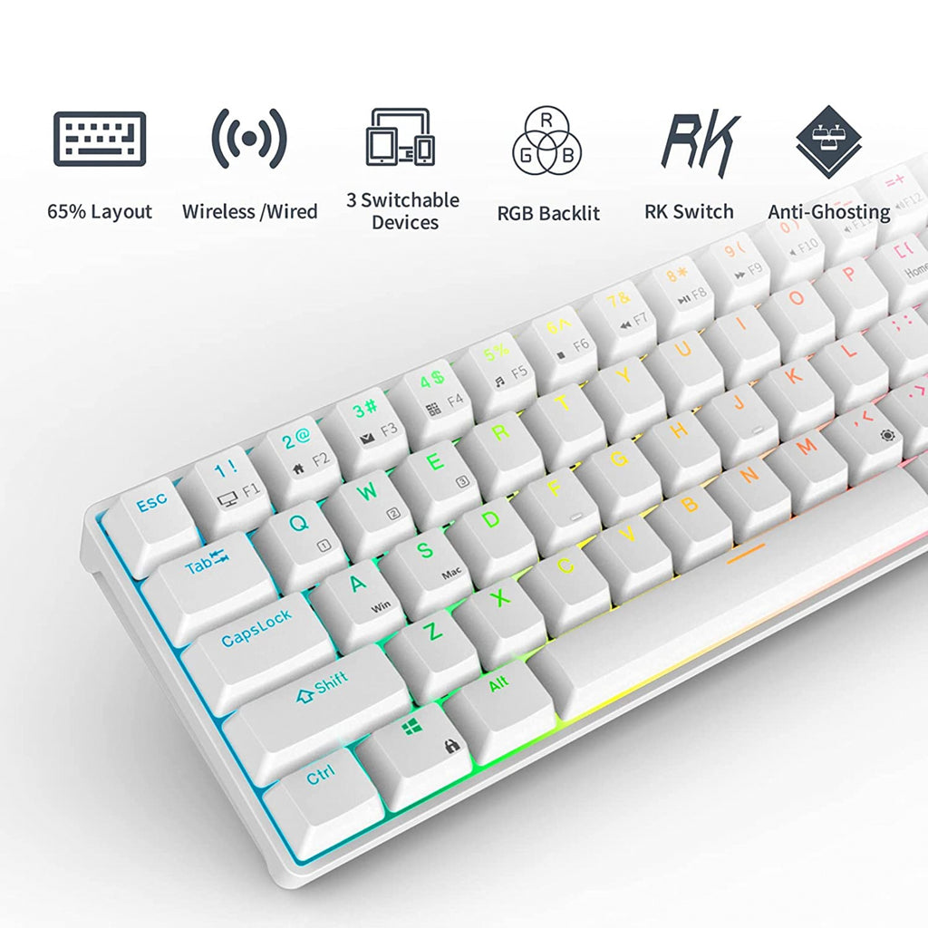 RK ROYAL KLUDGE RK68 | RK837 65% Triple Mode Wireless Bluetooth5.1/2.4G/Wired, Hot Swappable Mechanical Gaming Keyboard, 68 Keys RGB - White