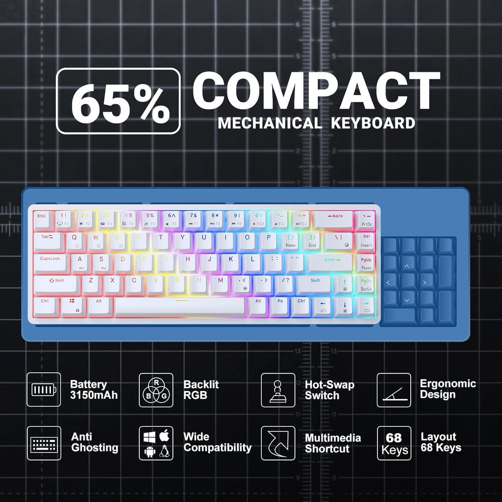 RK ROYAL KLUDGE RK68 | RK837 65% Triple Mode Wireless Bluetooth5.1/2.4G/Wired, Hot Swappable Mechanical Gaming Keyboard, 68 Keys RGB - White