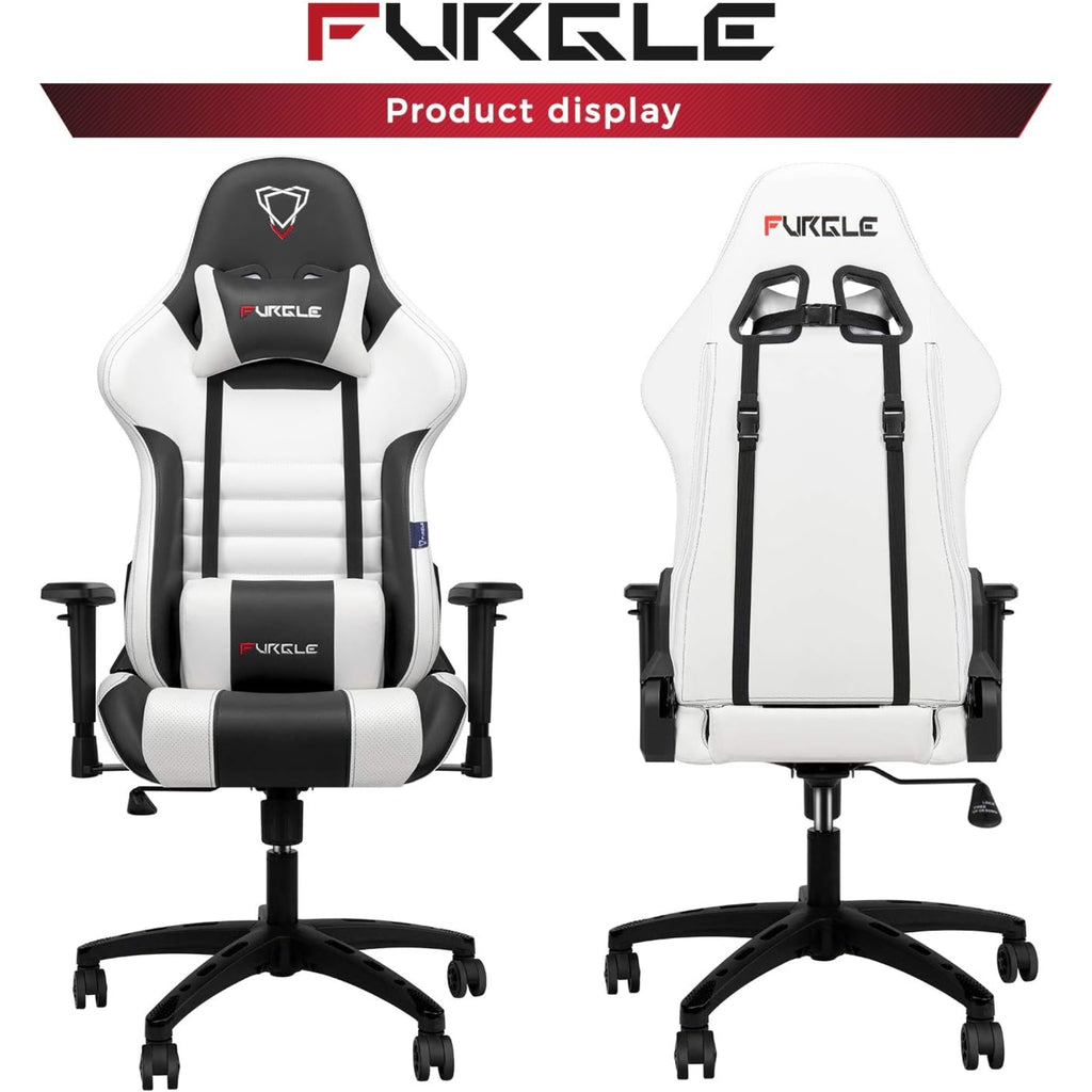 Furgle Gaming Chair, Racing Style High-Back Office Chair with Adjustable Armrests, PU Leather Ergonomic Video Game Chair with Headrest and Lumbar Support, Rocking Mode - White
