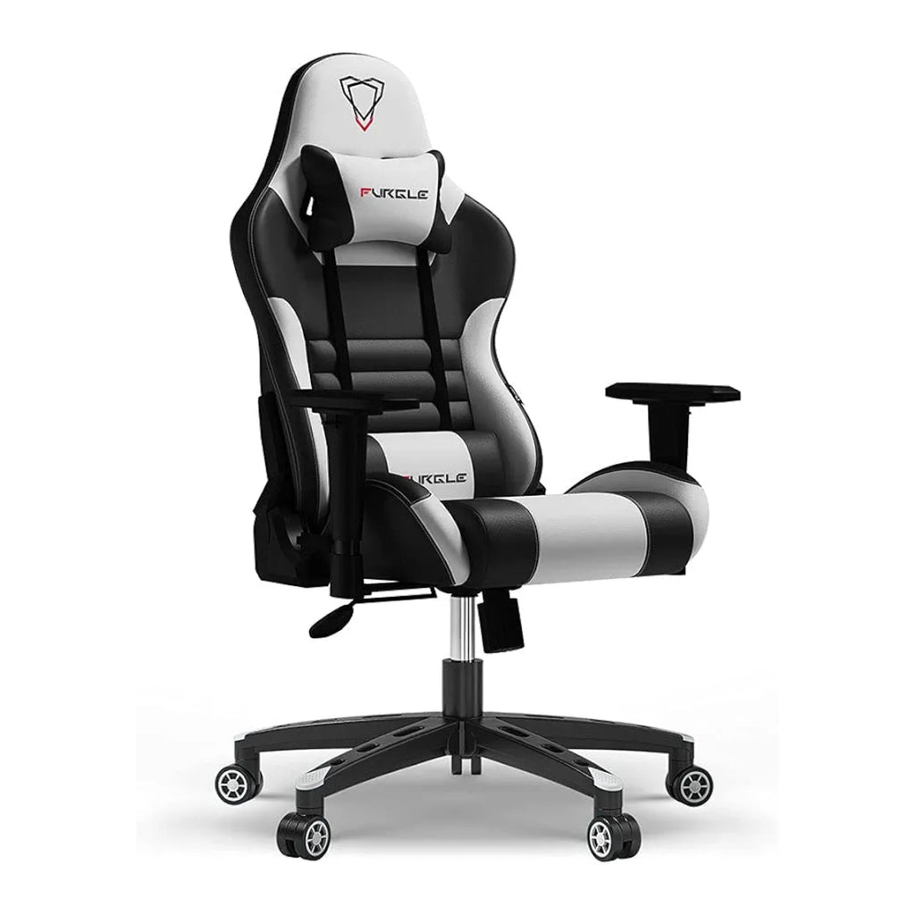 Furgle Gaming Chair, Racing Style High-Back Office Chair with Adjustable Armrests, PU Leather Ergonomic Video Game Chair with Headrest and Lumbar Support, Rocking Mode - Black/White
