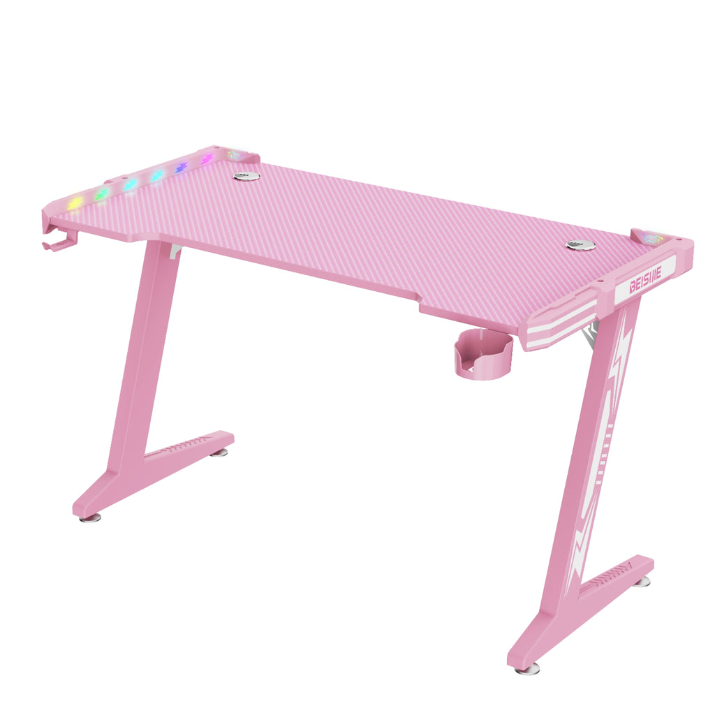 Z8 RGB Gaming Desk with Led Lights, Headset Holder & Cup Holder - Pink